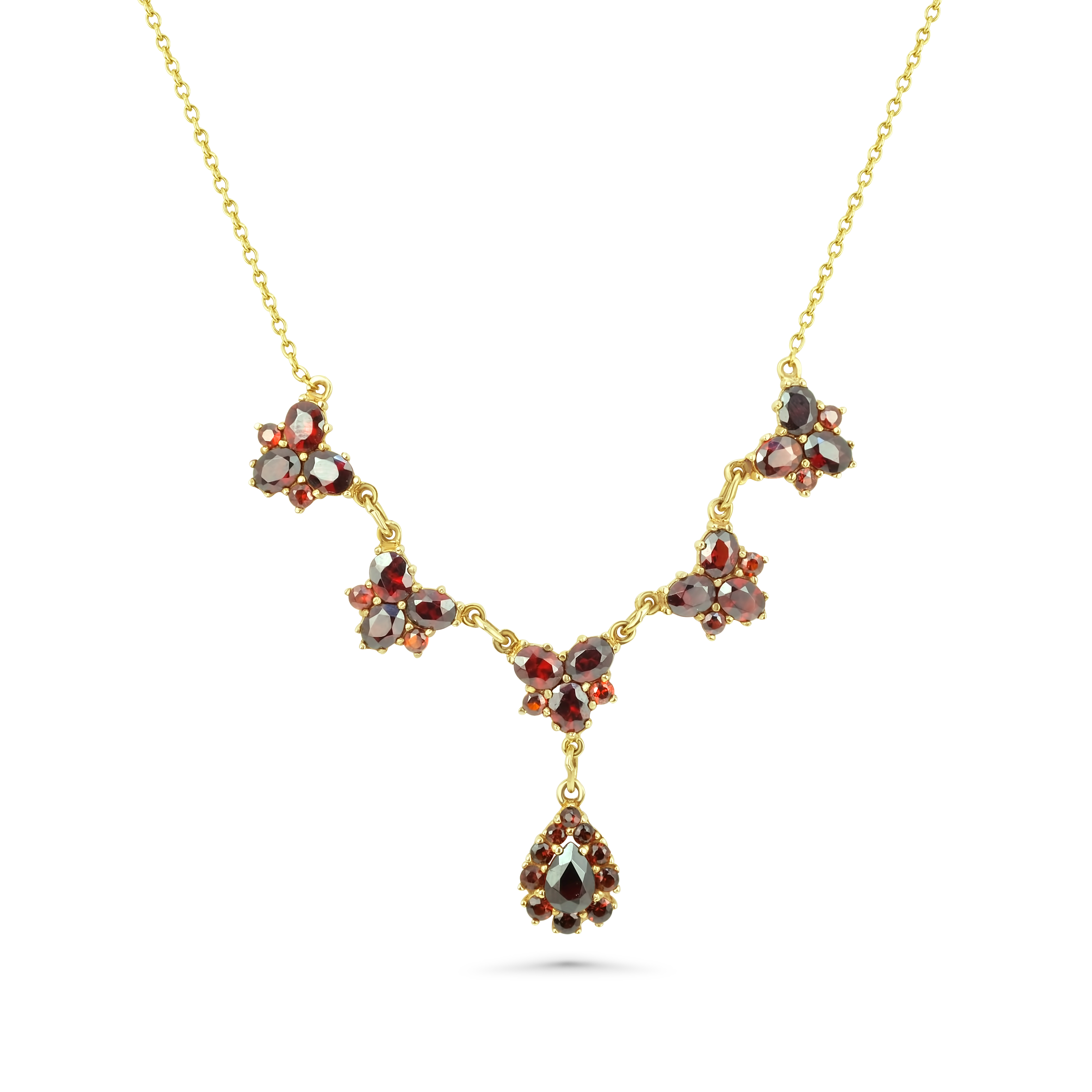 Böhmisches Granat Collier 585 Gelbgold 9,8 g mit 36 Granaten – Tropfen-Anhänger