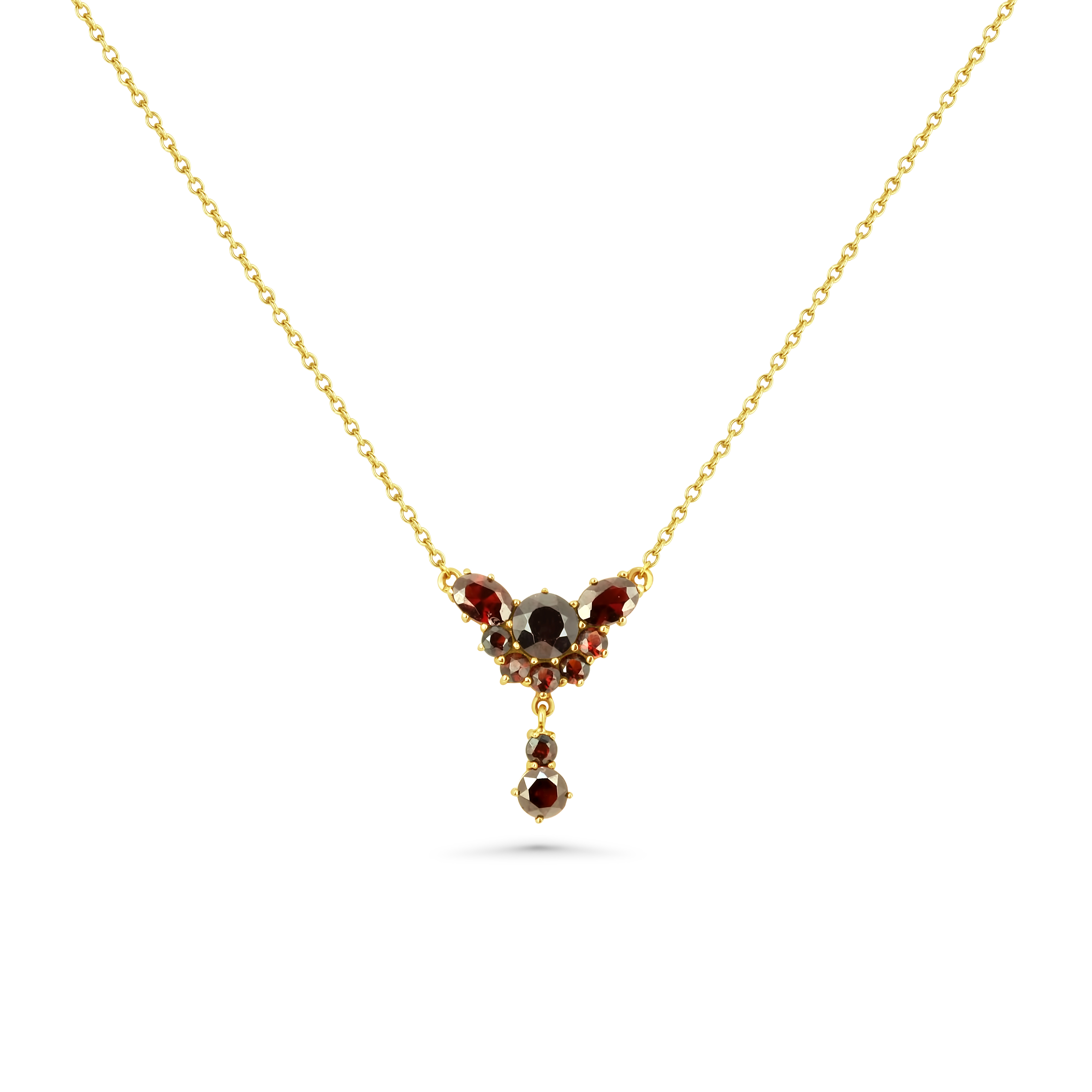 Böhmisches Granat Collier 585 Gelbgold 5,2 g mit 10 Granaten – Flügeldesign mit Anhänger