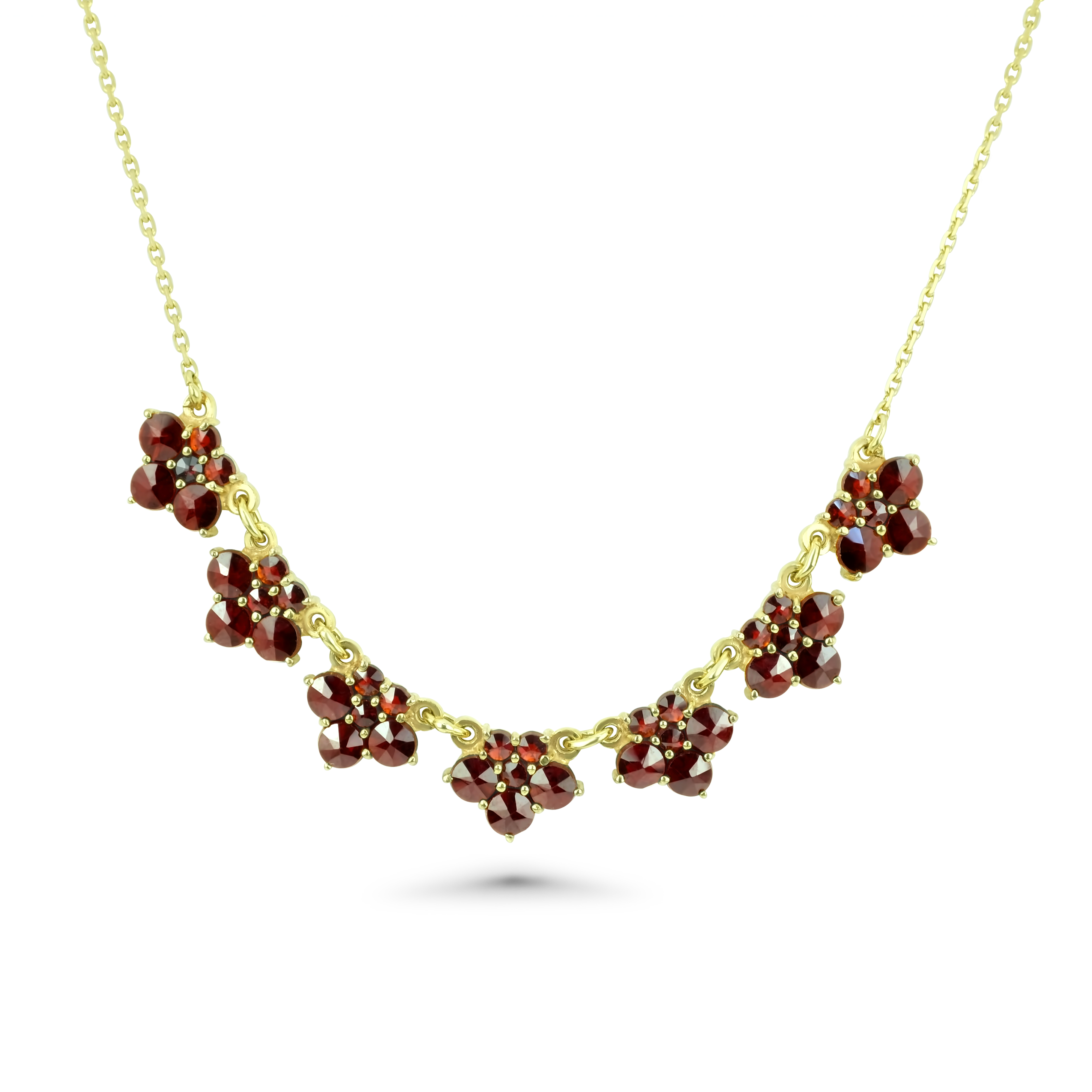 Böhmisches Granat Collier 375 Gelbgold 8,1 g mit 42 Granaten – 7 Granatmotive